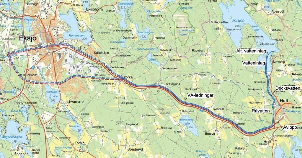 Figur 12 Principiell ledningssträckning läng riksväg 40. För sträckningen genom eller förbi Eksjö finns olika tänkbara alternativ.
