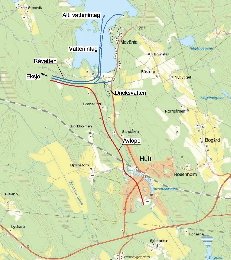Figur 13 Tänkbar ledningsdragning i Hult, med VA
