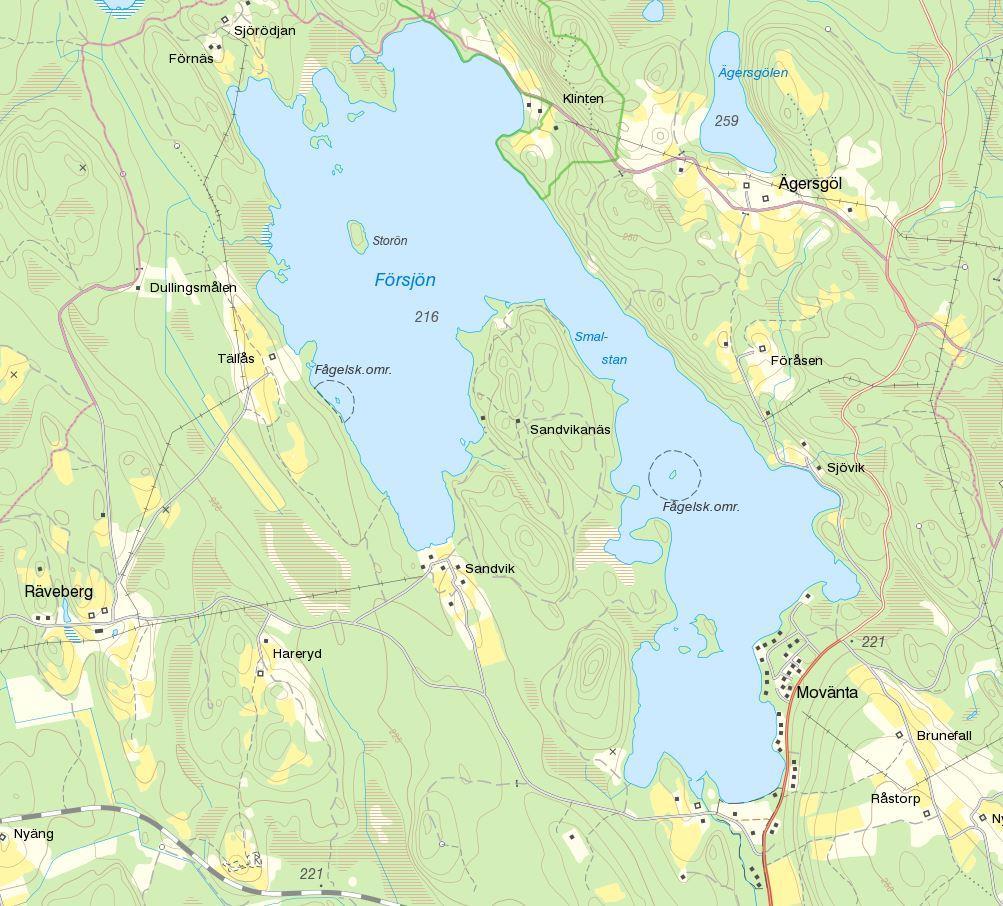 I figur 2 nedan redovisas sjön och dess närmaste omgivningar. Figur 2 Försjön med dess närmaste omgivningar (www.