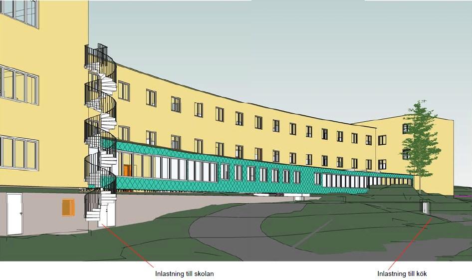 Perspektivet visar förslag till utbyggnad (grön) av kök och matsal på plan 100 med inlastning från gatuplan till skolans källarplan.