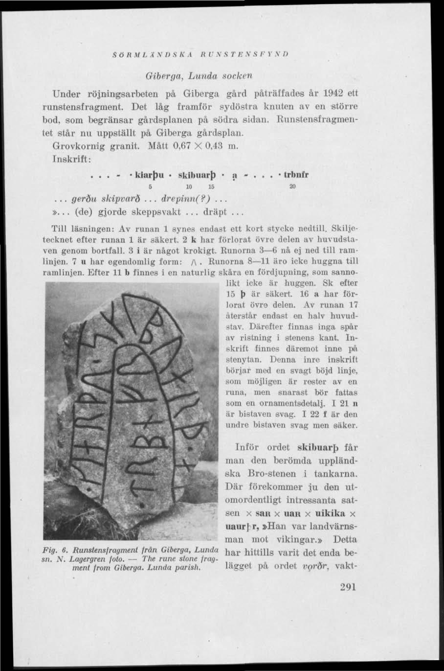 .S ö Ii M L i \ II S k A II I N S T Ii V S I' V \ II Giberga, Lunda socken Under röjningsarbeten på Giberga gård påträffades år 1942 ett runstensfragment.