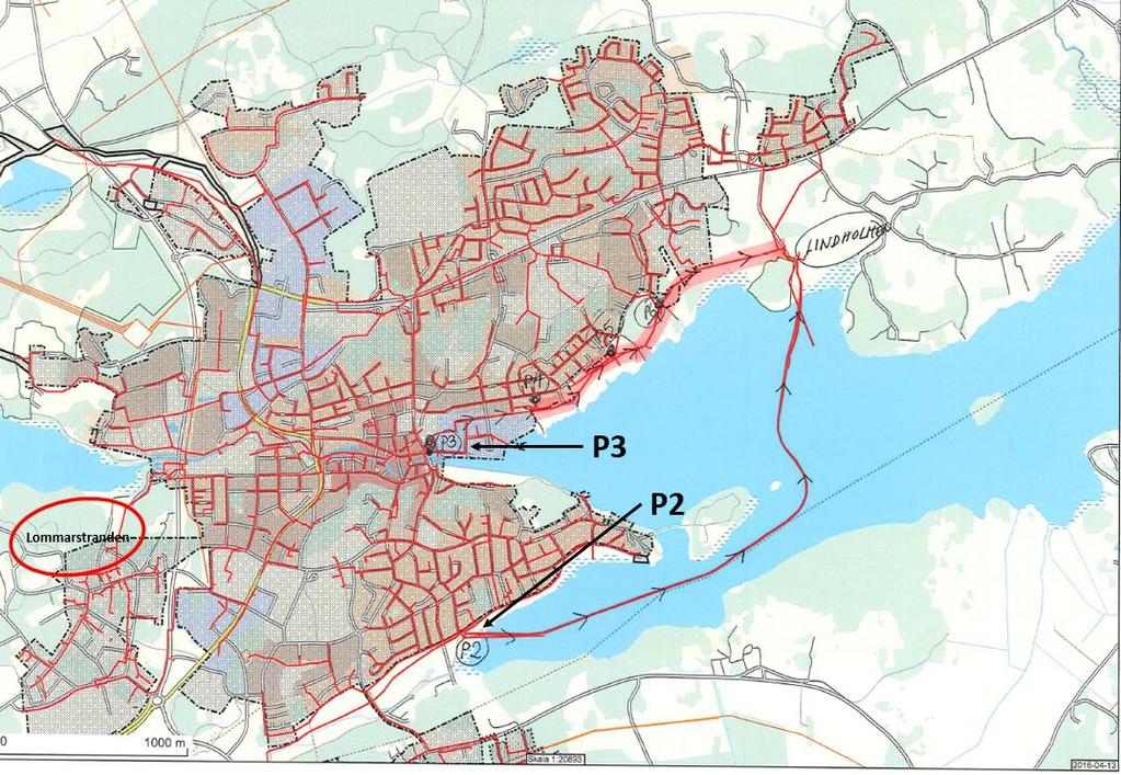 6 (18) Figur 2. Pumpstationer i området Pumpstation P2 är dimensionerad för 200 l/s och har två tryckledningar som leder till Lindholmens avloppsreningsverk.
