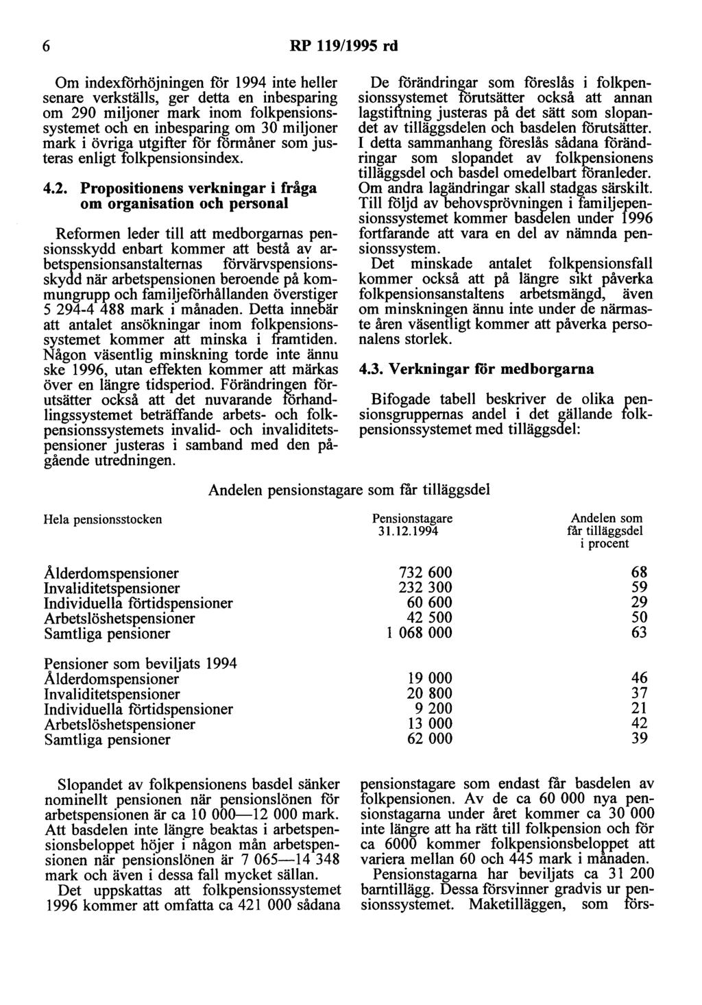 6 RP 119/1995 rd Om indexförhöjningen för 1994 inte heller senare verkställs, ger detta en inbesparing om 290 miljoner mark inom folkpensionssystemet och en inbesparing om 30 miljoner mark i övriga
