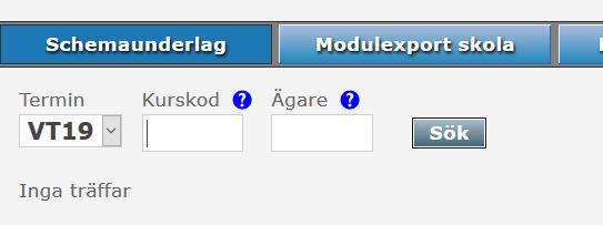 Välj termin och sök upp den kurs som du vill skapa ett underlag för, genom att mata in kurskod eller avdelningskod.