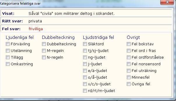 Dubbelklickar man på symbolen för ogjord kategorisering visas den infällda rutan med de 6 olika feltyperna, sorterade under: Ljudenliga fel, Dubbelteckning, Ljudstridig stavning samt Övrigt.