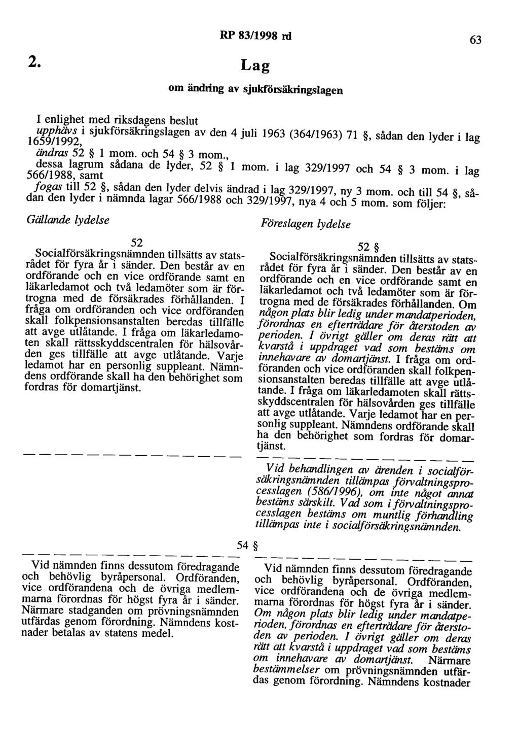 2. RP 83/1998 rd 63 om ändring av sjukförsäkringslagen I enlighet med riksdagens beslut upphävs i sjukförsäkringslagen av den 4 juli 1963 (36411963) 71, sådan den lyder i lag 1659/1992, ändras 52 l