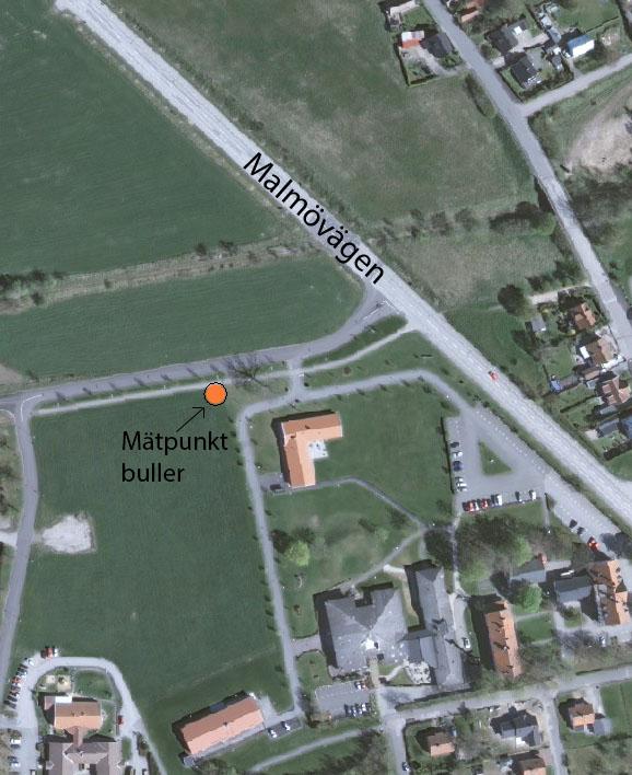 Planområdets förhållande till Malmövägen samt mätpunkt för bullerberäkningen. Bullerberäkning Trafikmängden för Malmövägen har hämtats från Trafikverkets Vägtrafikflödeskarta (värden från 2010).