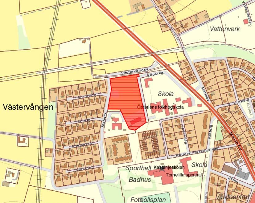 Den rödskrafferade ytan visar området som detaljplanen avser.