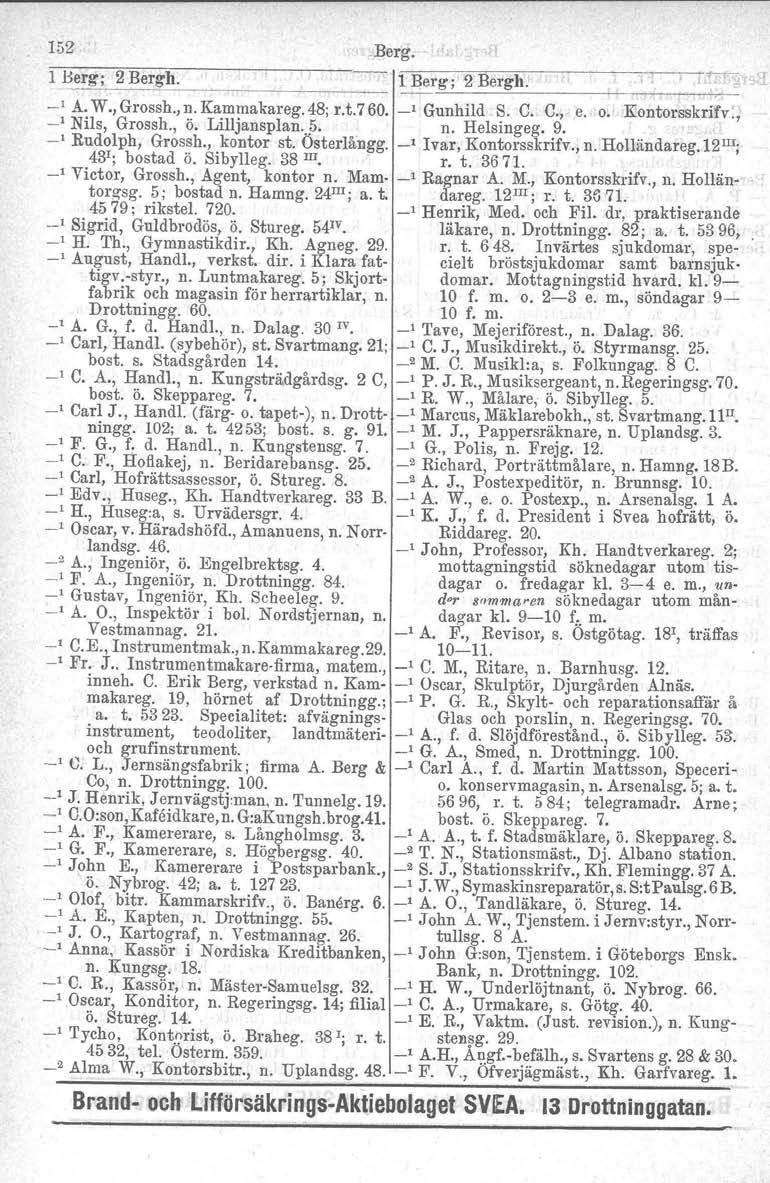 152.Berg. l Berg; 2 Bergh. l Ber_g,c.;.._~2_B_e_rg~h_. ~' _"_' ';j' ' A. W., Grossh., n. Kammakareg.48; r.t.760. ' Gunhild S. C. C.,: e. o. Riontorsskrifv., _1 Nils, Grossh., ö. Lilljansplan.Ji. n. Helsingeg.