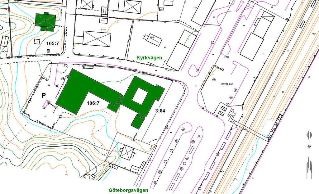 160 m 70 m 100 m Figur 1. Översikt över Montessoriverksamhetens byggnader (3:84, 106:7 och 105:7) i förhållande till järnvägen.