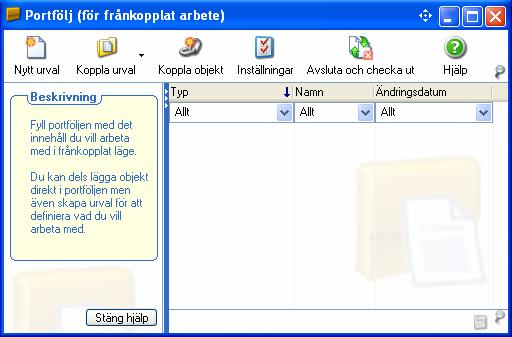Så här använder du portföljen Portföljen hittar du under Inställningar i menyraden. Här kan du koppla befintliga urvalslistor eller enskilda objekt som du vill checka ut till din lokala databas.