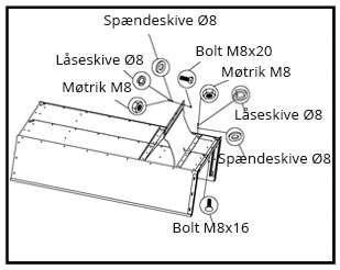 7. Lägg ned baljan upp och ner som figur 4 visar. Monteras bakaxelbeslaget M8 mutter Bult M8 x 0 M8 mutter Figur 4 Bult M6 x 6 8.