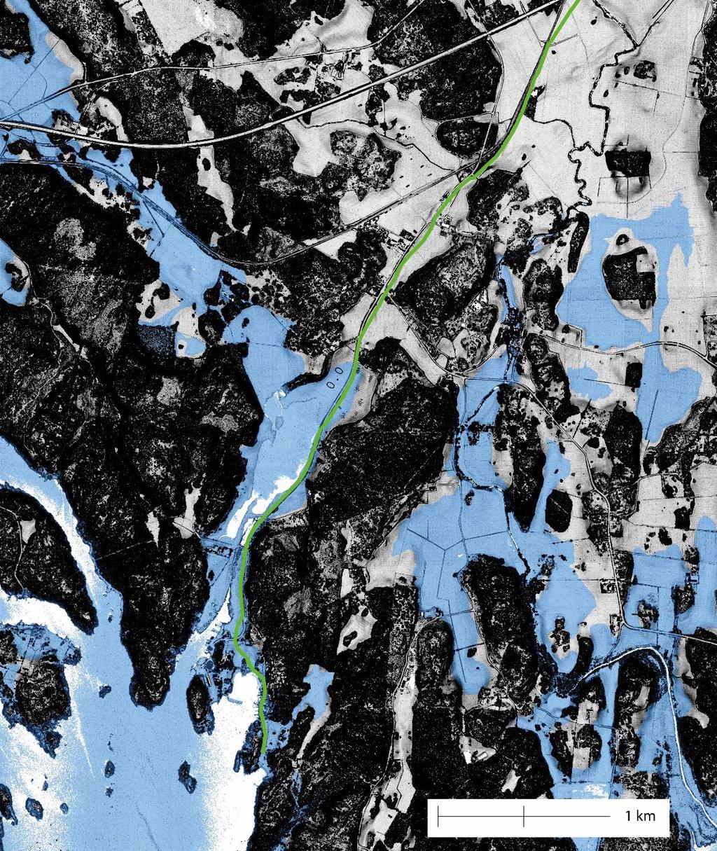 Figur 3. LIDAr-baserad karta där en vattennivå på 7 meter är markerad. Denna vattennivå motsvarar ungefärligen den som rådde under postglacialt transgressionsmaximum (senmesolitikum/tidigneolitikum).