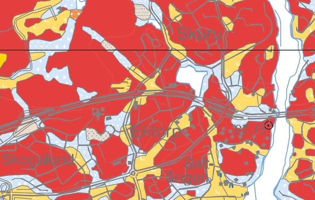 2.1 Geologiska förutsättningar Marken inom planområdet sluttar åt sydost. Större delen av planområdet är kuperad och i norra delen förekommer ytligt berg.