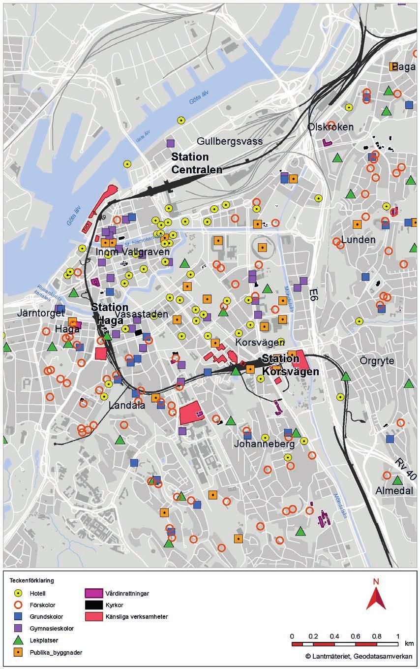 Figur 5.1: Lokalisering känsliga verksamheter i centrala Göteborg.