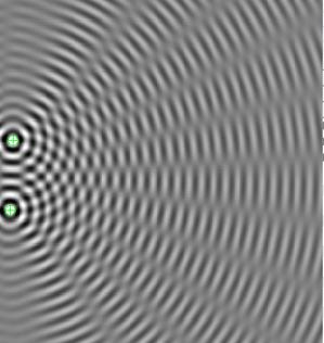 Interferensmönster 1. Två vågkällor alstrar vågor. De svarta ringarna utgör vågberg och de gråa vågdalar. 2. Vågorna möts och interfererar med varandra.