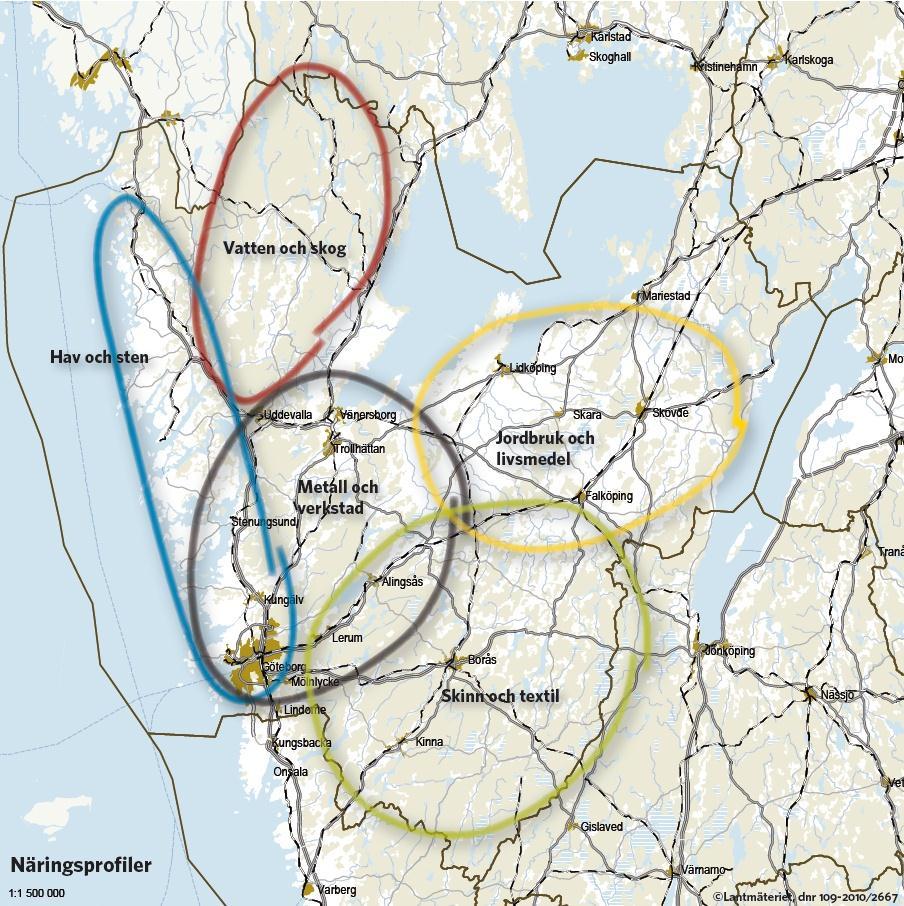 Figur 17. Fem tydliga näringsprofiler i Västra Götaland med lång historia som skapar tydliga fysiska drag i dagens landskap. Karta KMV forum.