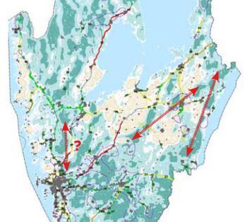 Figur 21. Viltstråk och barriärer i Västra Götaland. Röda vägsträckor anger stora brister för vilt med stora barriäreffekter och hög mortalitet.