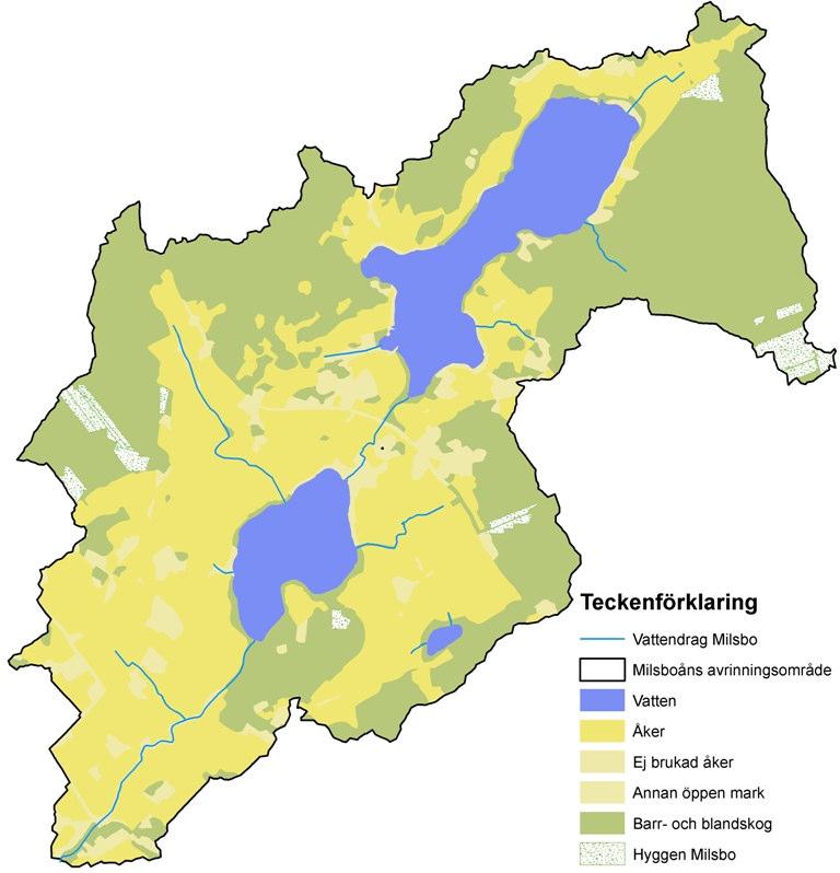 Figur 5. Markanvändning i Milsbosjöarnas avrinningsområde utifrån fastighetskartan samt Skogsstyrelsens hyggesskikt 2007 (Spännar 2008).