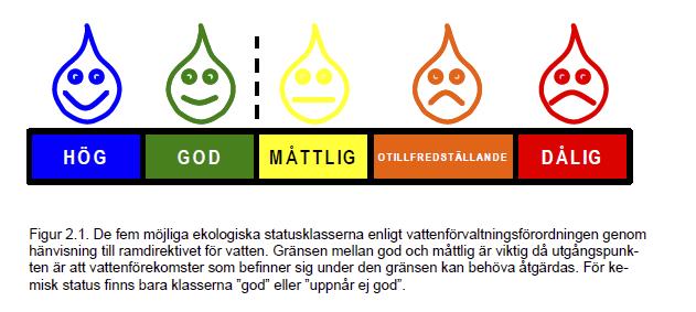 Statusklassning av vatten 5 klasser för ekologisk status 2 klasser för kemisk status - God - Ej god MKN sätts för vad som ska uppnås för