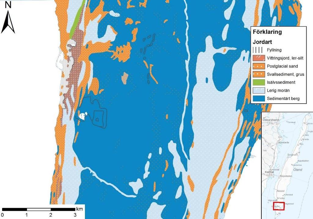Det sedimentära berget utgörs av olika lager med de yngsta lagren (kalksten) överst, följt av alunskiffer, siltsten och skiffrar och slutligen sandsten som vilar på kristallint berg