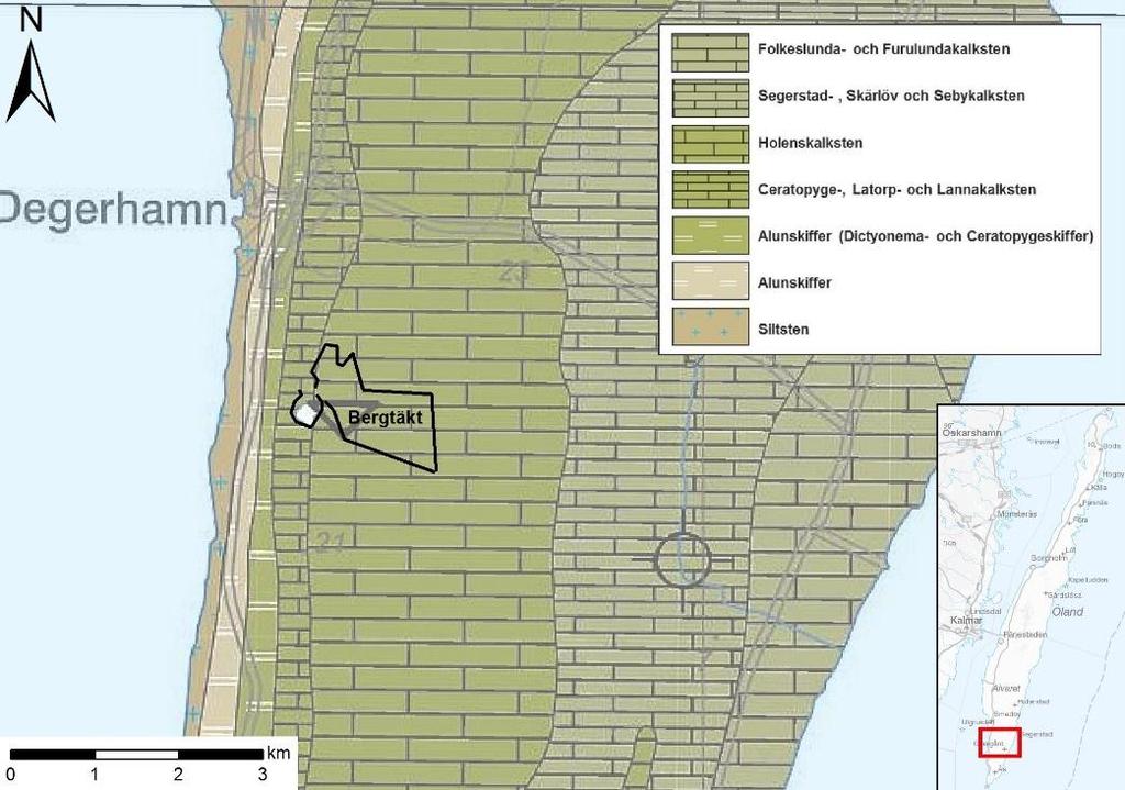 Figur 4. Utdrag ur SGU:s berggrundskarta (Ba66, SGU). Figur 5. Principiell geologisk sektion ( SGU). Tegelstensmönstret avser kalkstenen. Notera att höjdskalan är kraftigt överdriven. 2.
