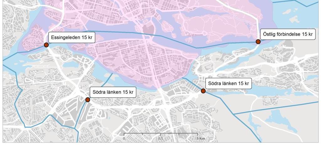 Trafik som kör in i eller ut ur någon av närförortszonerna betalar den lägre trängselskatten på 15 kr förutom vid gränsen till den centrala zonen där den högre taxenivån gäller.