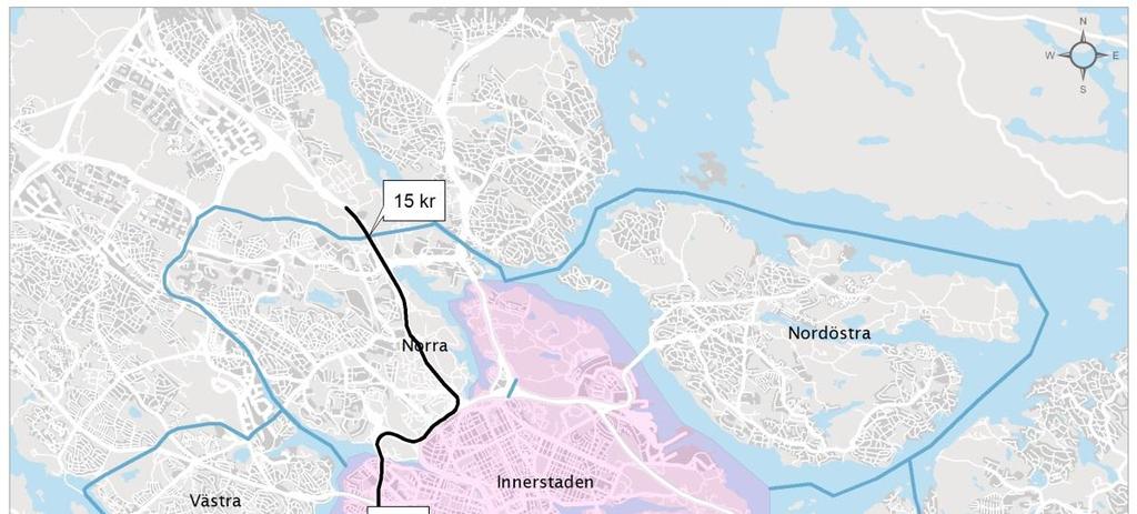 4.2 Exempel på trängselskattekostnad för olika resor Figur 11 och Figur 12 visar två exempel på kostnaden för trängselskatt för att resa mellan olika platser i Stockholms län med det analyserade