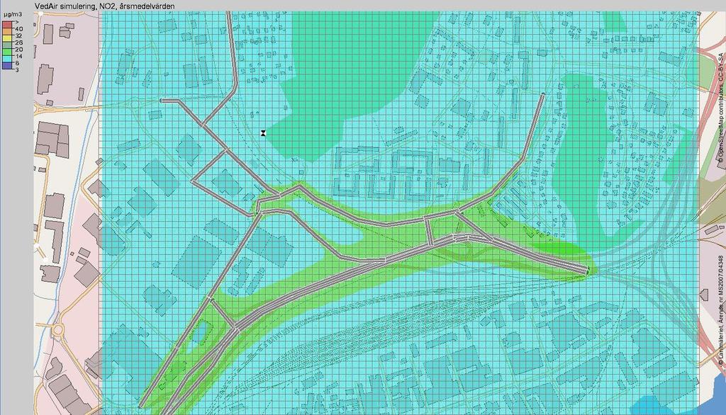 Vid 20-30 meters avstånd från vägkanten ligger halterna på <26 µg/m 3. Figur 4. Nollscenario år 2035.