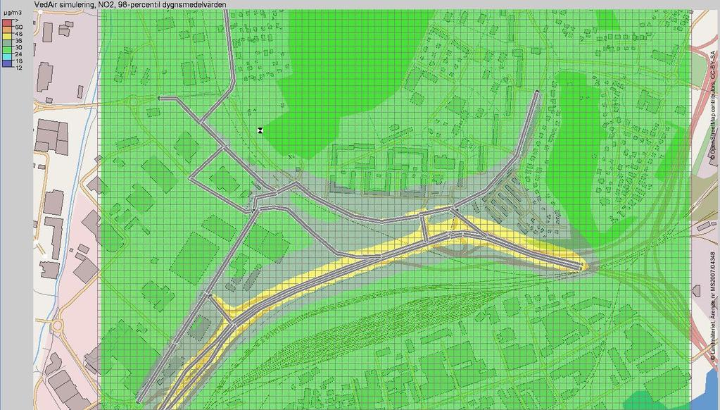 Ca 20-40 meter från vägkanten är haltnivåerna lägre än 48 µg/m 3 enligt beräkningarna. Figur 7. Nollscenario år 2035.