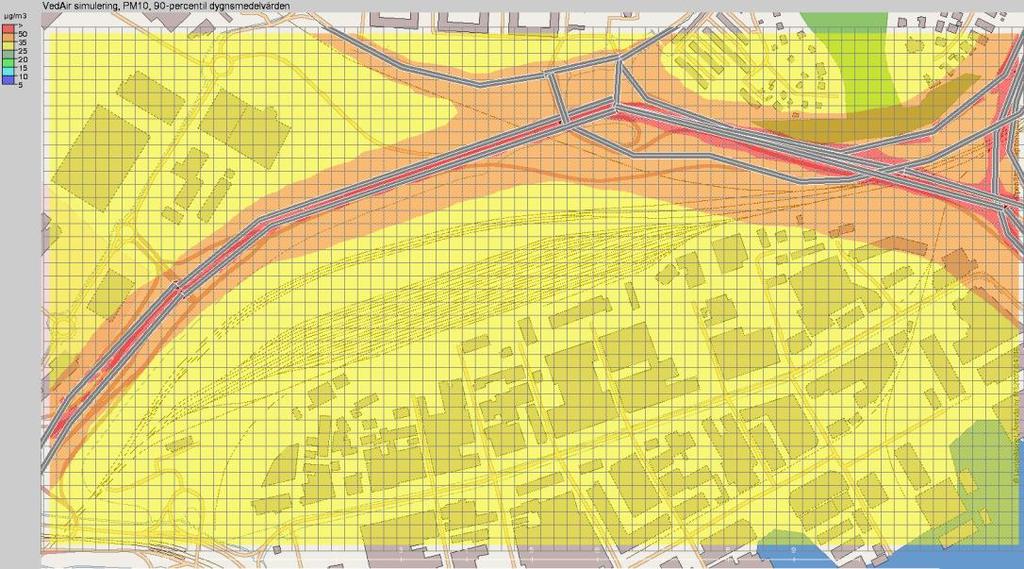 RAPPORT 21 (26) De högsta beräknade halterna av PM10 för utbyggnadsscenariot år 2035 ligger inom intervallet 28-40 µg/m 3. Halterna förekommer i omedelbar anslutning till Lundbyleden.