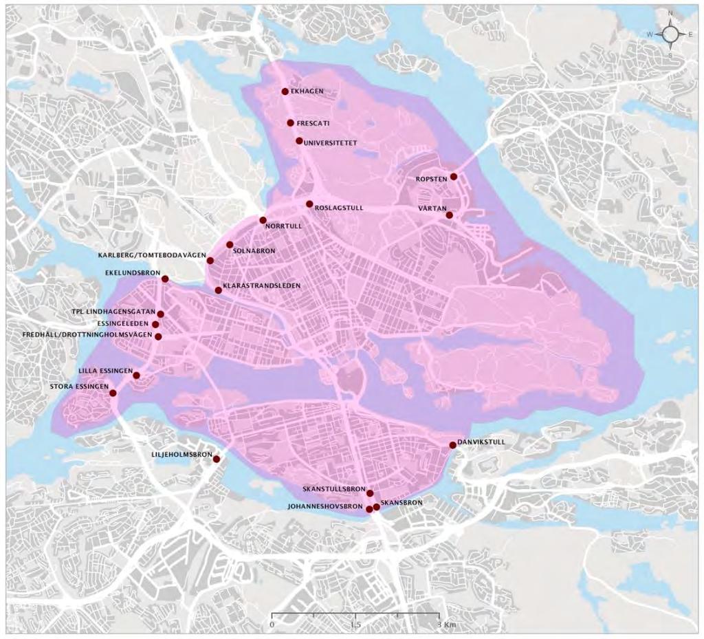 Figur 1. Kartan visar var gränsen för befintligt trängselskattesystem går (rosa område) samt portalernas placering (röda cirklar). Norra länken ingår inte i befintligt system för trängselskatt.