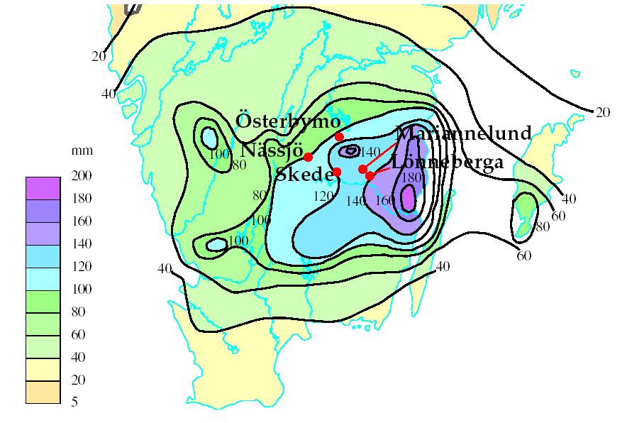 Figur 2. Nederbörden i mm den 1-6 juli 2003 Den rikliga nederbörden gav upphov till översvämningar.
