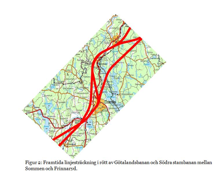 Tranås har studerat olika dragningar av ny järnväg från Linköping Jönköping för att