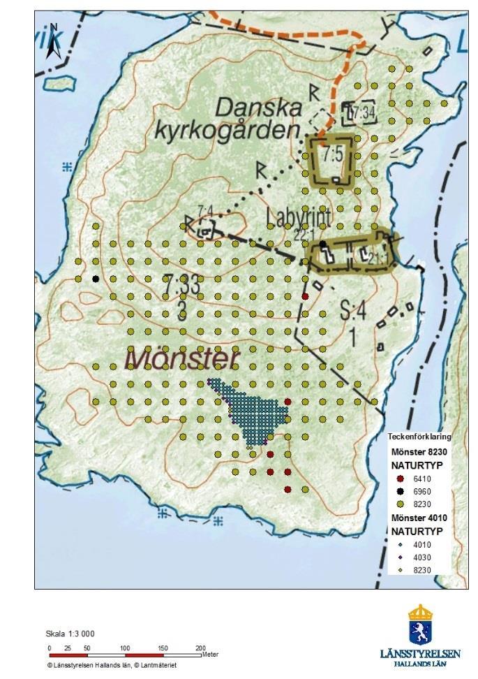 Karta 10: Grace-område, Kungsbackafjorden, Mönster halvös provytor. Betesuppehåll ledde till att delar av öarna växte igen av främst enbuskar och björk.