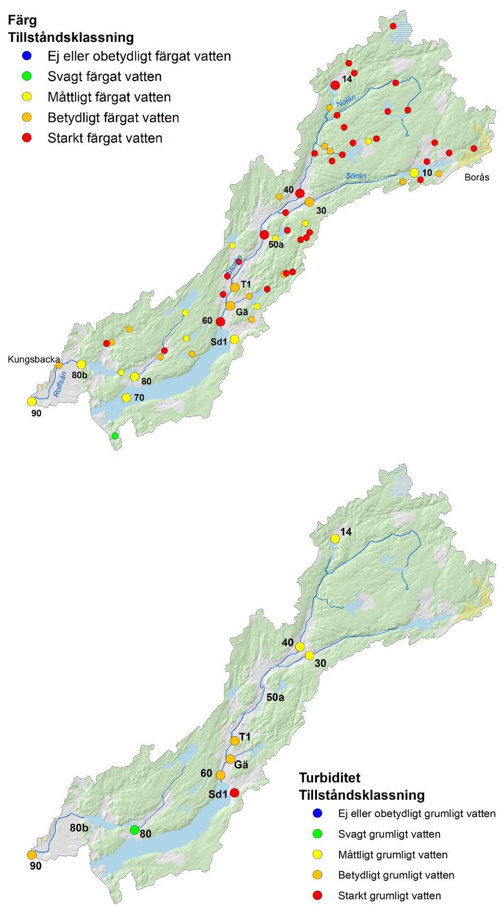 Figur 22. Tillståndsklassning av vattenfärg i Rolfsåns vattensystem baserat på beräknade medelvärden av absorbans eller färgtal för perioden 215 217.