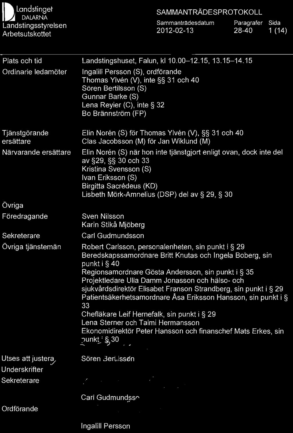 Övriga Föredragande Sekreterare Övriga tjänstemän Elin Noren (S) för Thomas Ylven (V), 31 och 40 Clas Jacobsson (M) för Jan Wiklund (M) Elin Noren (S) när hon inte tjänstgjort enligt ovan, dock inte