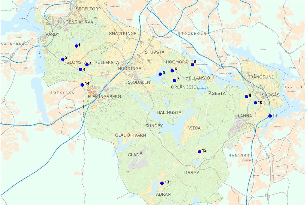 Områden som bedöms ha behov av VA-utbyggnad Figur 2: Översiktskarta över områden som bedöms ha behov av VA-utbyggnad 1. Norra Glömsta, 2. Västra Glömsta, 3.Lövstastigen, 4.