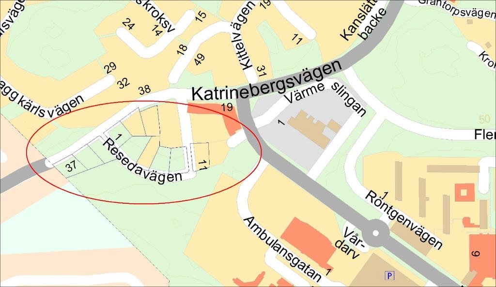 14: Detaljkarta över Katrinebergsvägen Recipient Orlången. VA utbyggt i nära anslutning till området.
