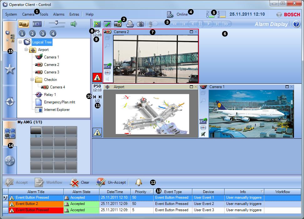 Bosch Video Management System Användargränssnitt sv 47 1 Menyrad Välj ett menykommando. 2 Verktygsfält Visar tillgängliga knappar. Peka på en ikon för att visa ett verktygstips.