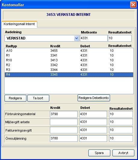 Markerat huvudkonto F = Främmande Arbete och flyttat F till Valda konton med den övre gröna pilen till höger. Klicka på Spara. Ange debet konto (Mot konto) ex. 4331 kontot där kostnaden skall hamna.