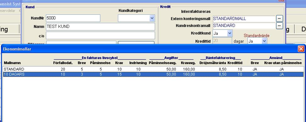 När en ny kund skapas i kundregistret så föreslår systemet automatiskt kundreskontramall Standard.