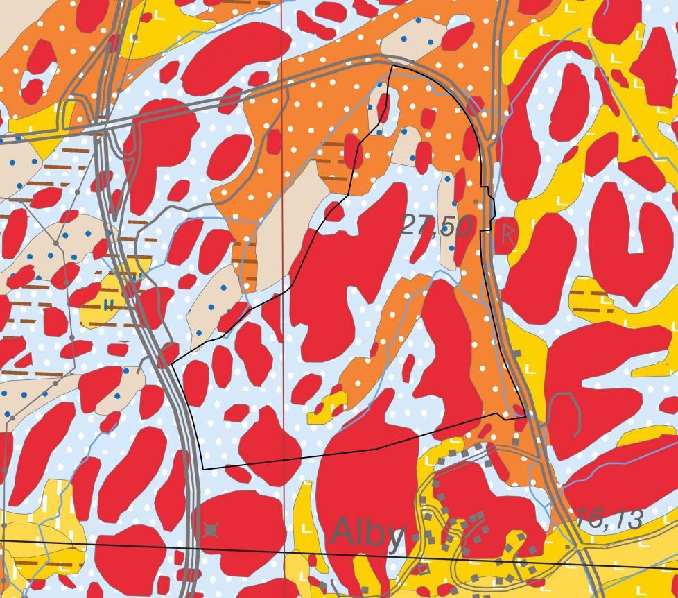 Figur 2. Översiktlig jordartskarta för planområdet (markerat med svart linje).