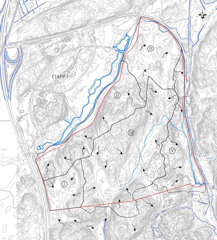 Figur 3. Befintliga avrinningsområden I-V samt befintliga diken och dammar (blå linje). Planområdesgräns redovisas med röd linje. 3.6 Markavvattningsföretag Markavvattningsföretag finns inte inom planområdet.