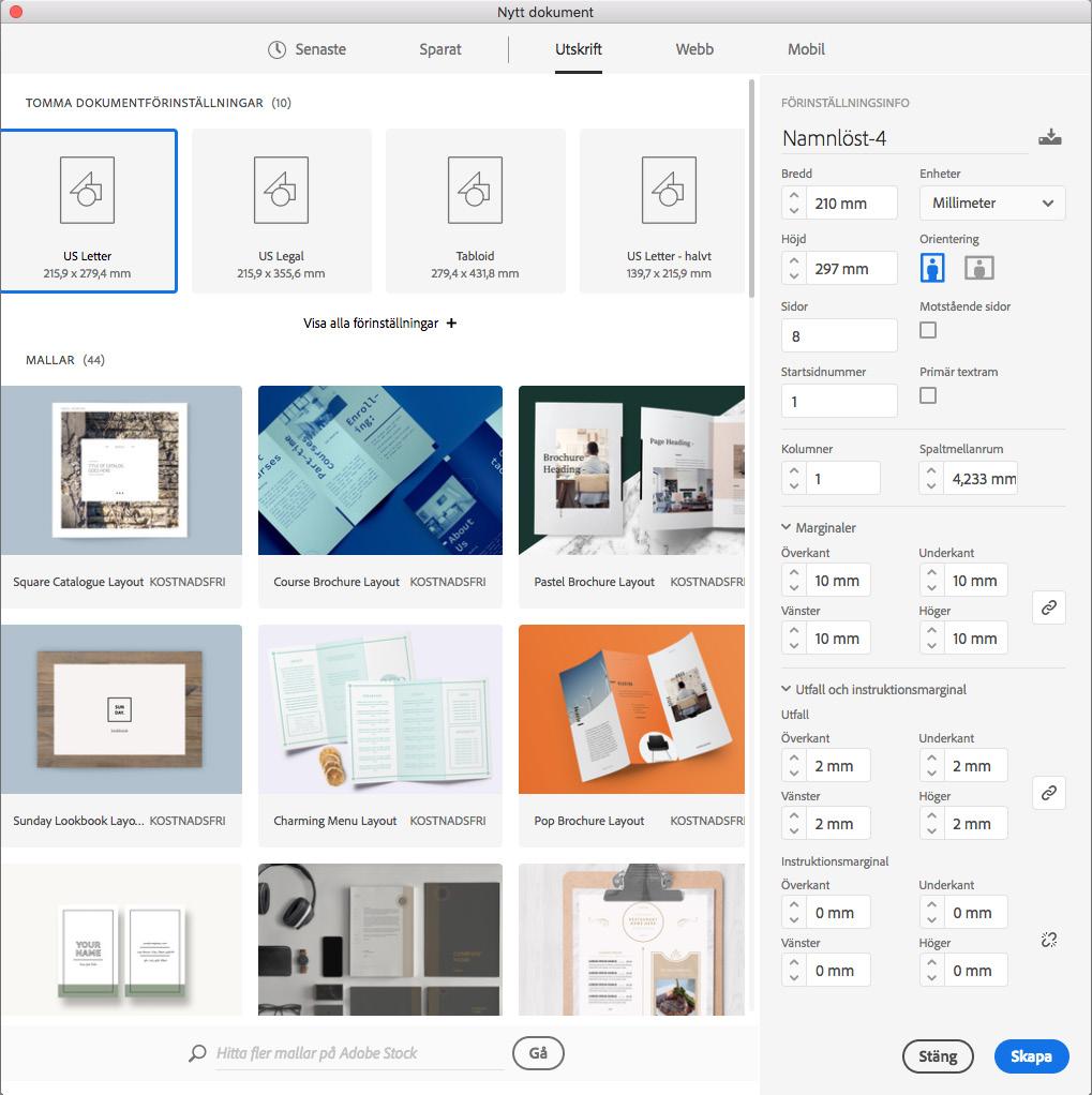 Inställningar för Adobe InDesign Använd Adobe InDesign för bästa resultat. Programmet är skapat för att ta fram trycksaker och är marknadsledande.