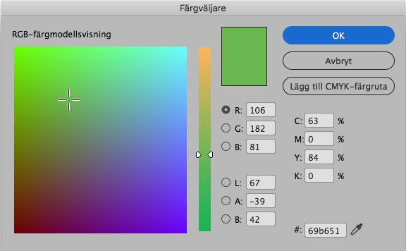 Färginställningar När man arbetar med trycksaker skall man använda sig av färginställningen CMYK. Det innebär också att varje gång du skall välja färg ska gå efter CMYK-värden.