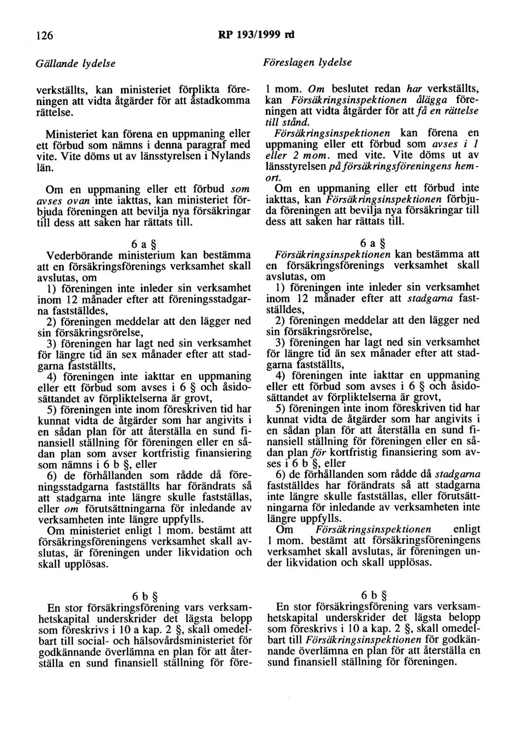 126 RP 193/1999 rd verkställts, kan ministeriet förplikta föreningen att vidta åtgärder för att astadkomma rättelse.