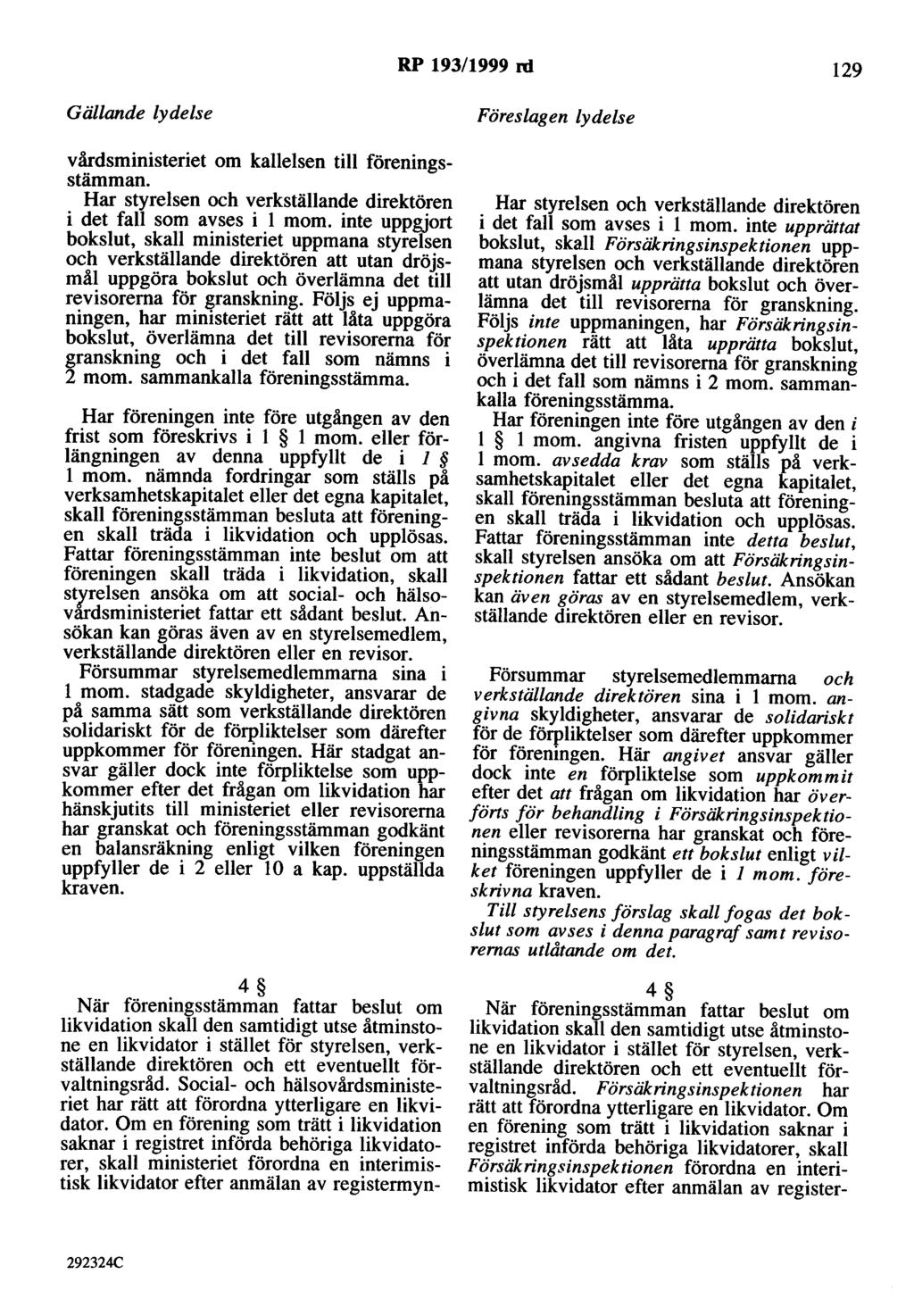 RP 193/1999 ni 129 vårdsministeriet om kallelsen till föreningsstämman. Har styrelsen och verkställande direktören i det fall som avses i l mom.