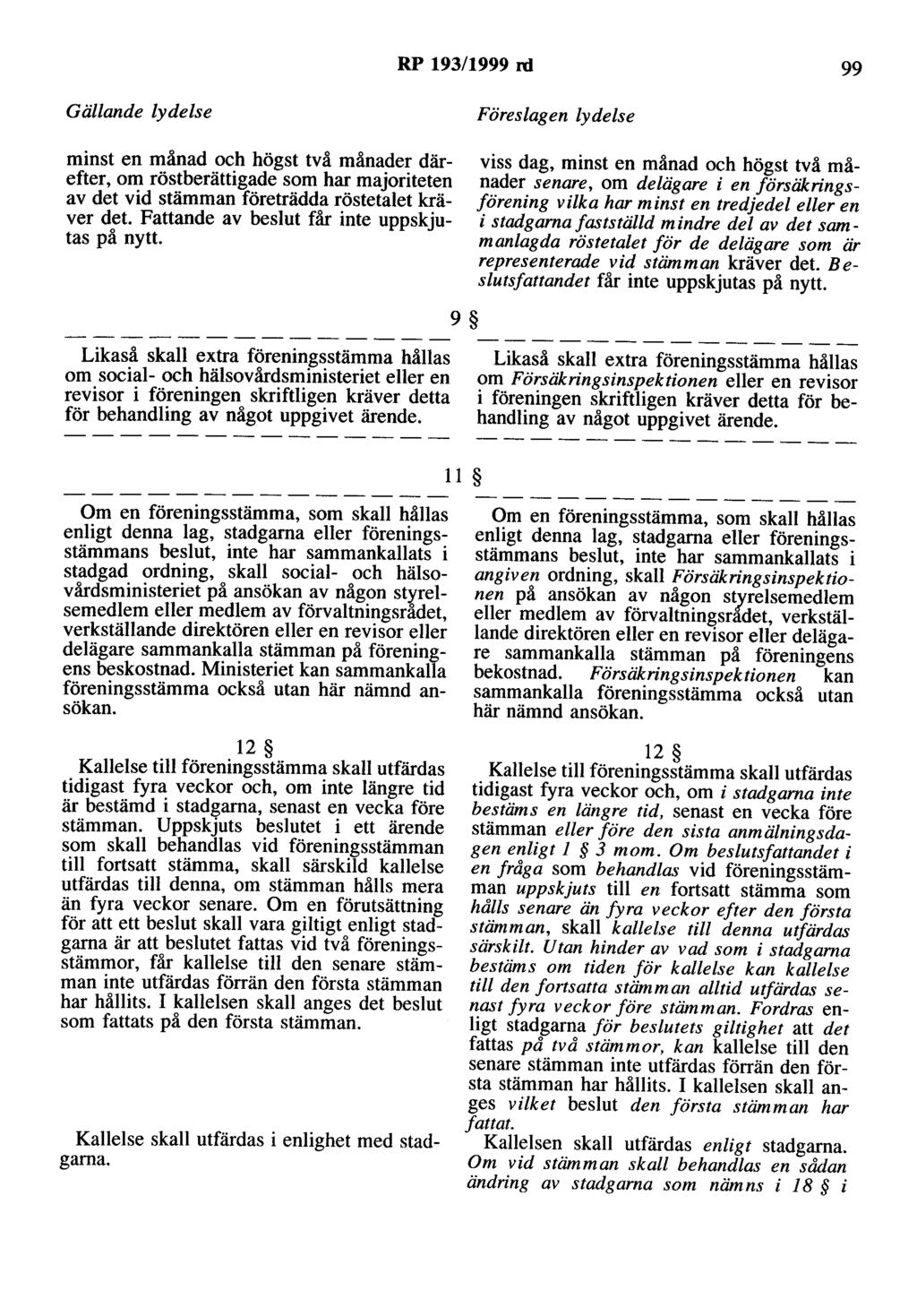 RP 193/1999 ni 99 minst en månad och högst två månader därefter, om röstberättigade som har majoriteten av det vid stämman företrädda röstetalet kräver det.