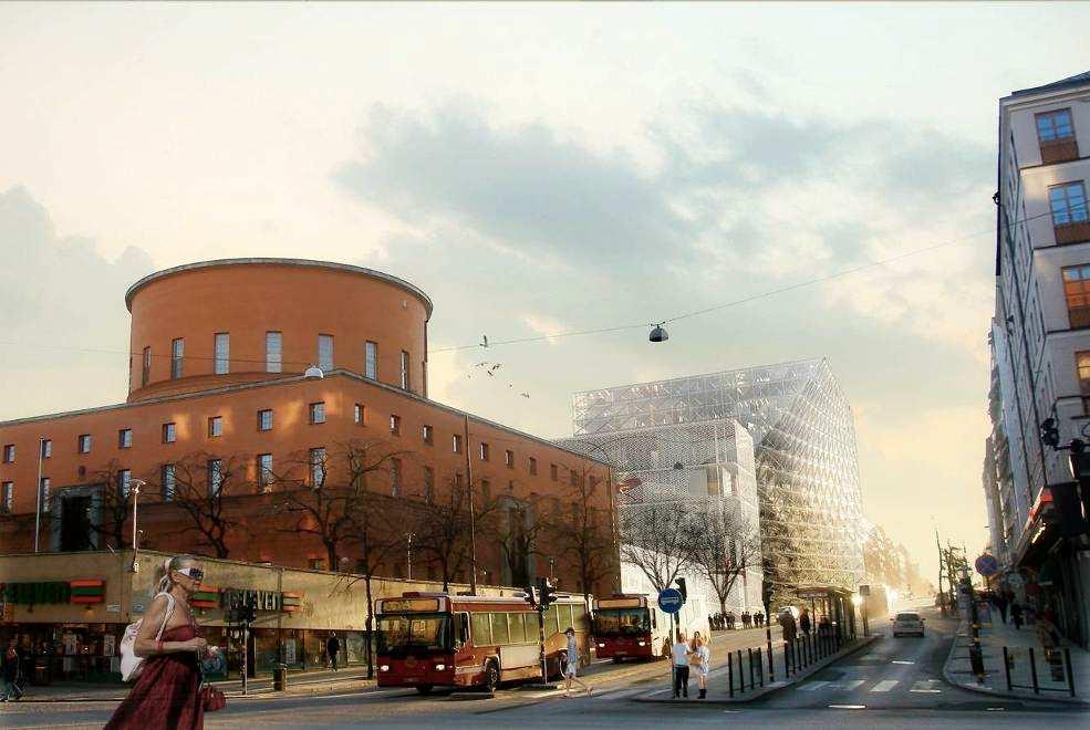 9 (14) Fig. Perspektiv från öster med nuvarande och framtida stadsbibliotek i förgrunden. Folksam/Diligentia/BIG Arkitekter. Spelbomskan 9&12 Planerad tillbyggnad Gyldéngatan Fig.